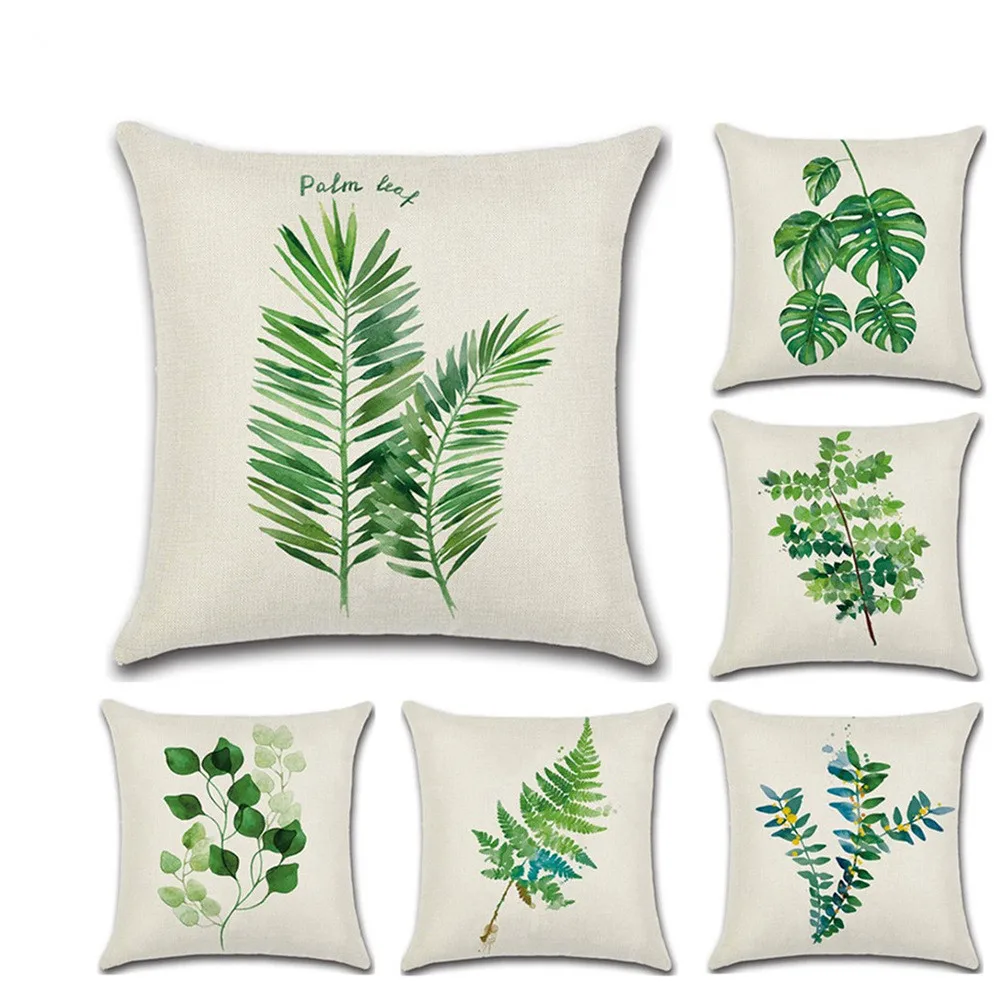 

2pcs New Big Green Leaf Print Cushion Set 45*45cm Cushion Cover Linen Throw Pillow Car Home Decoration Decorative Pillowcase