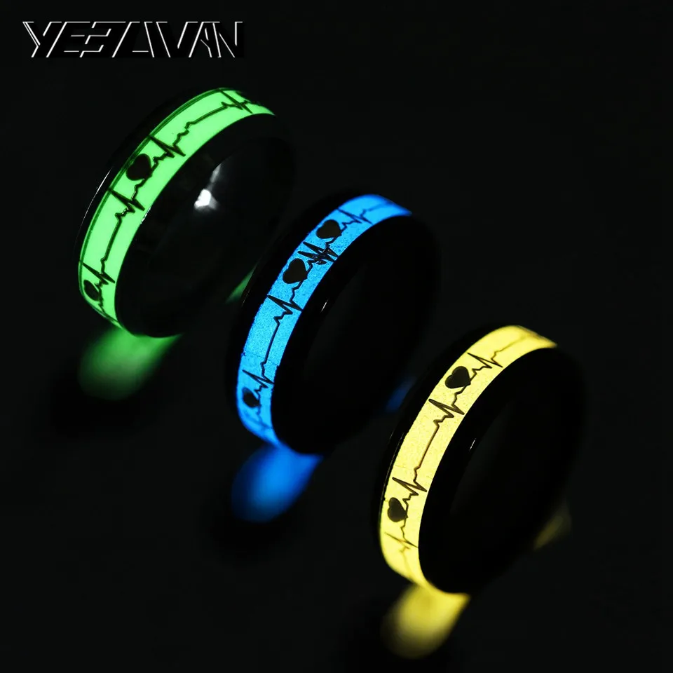 

Green Blue Yellow Glow in the Dark Heart Rate Electrocardiogram Men's Rings Stainless Steel Wave Couple Female Male Wedding Ring
