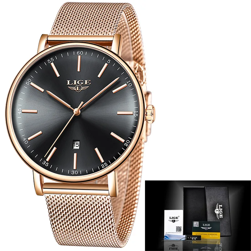 Rose gold black LIGE, женские часы, Лидирующий бренд, Роскошные, для девушек, с сетчатым ремешком, ультра-тонкие часы, нержавеющая сталь, водонепроницаемые часы, кварцевые часы, Reloj Mujer - Цвет: Rose gold black
