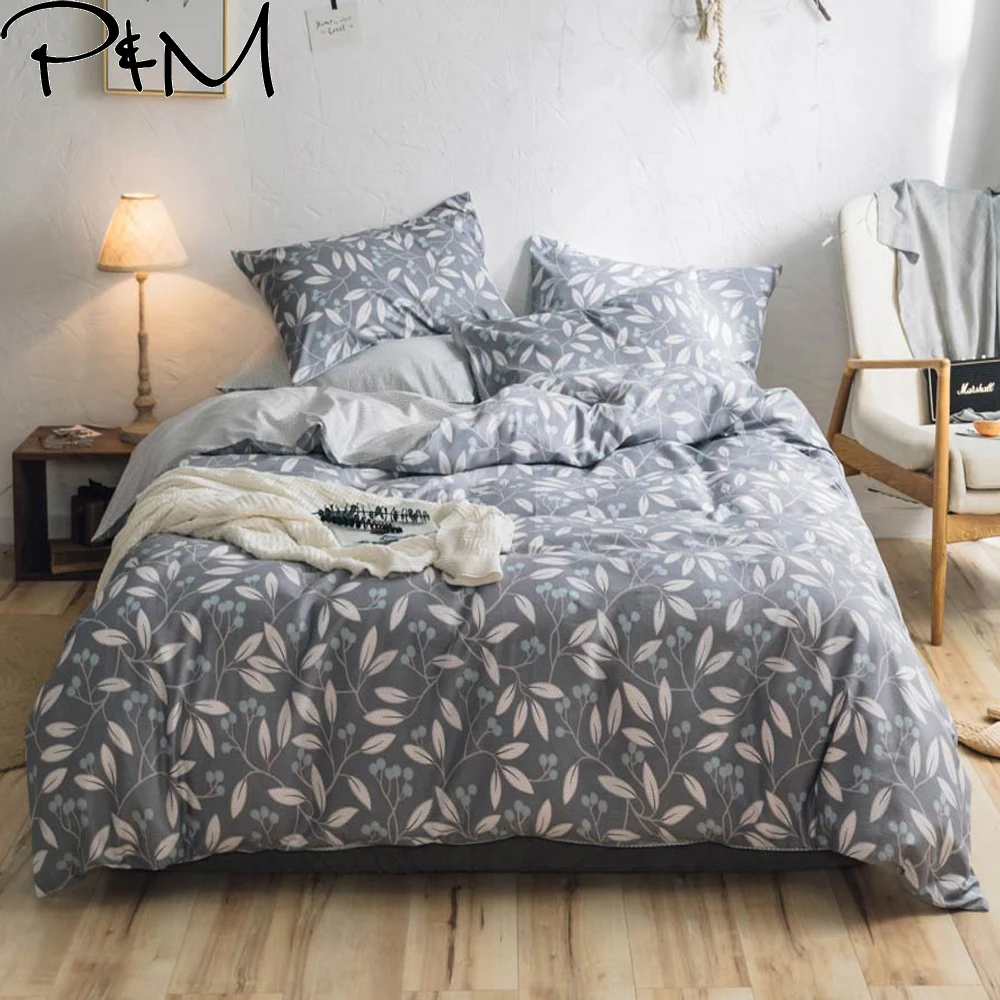 PAPA & MIMA листья дети мультфильм шаблон серый постельное белье хлопок Твин двойной
