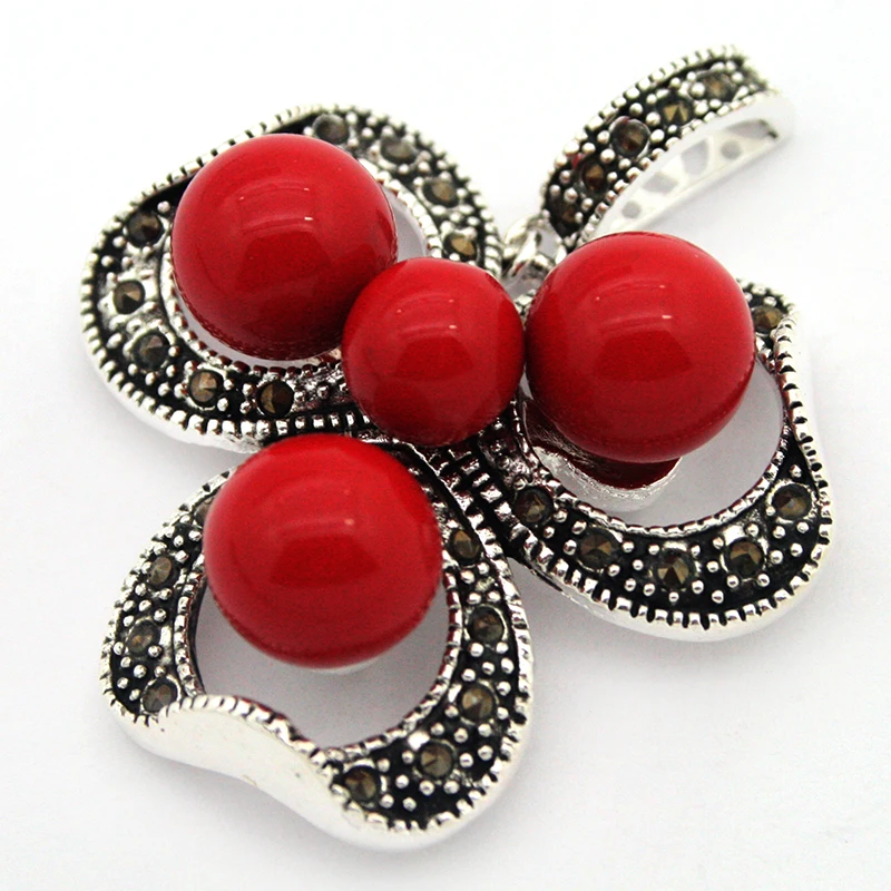 

vintage 925 silver red coral bead marcasite pendant 47x37MM necklace
