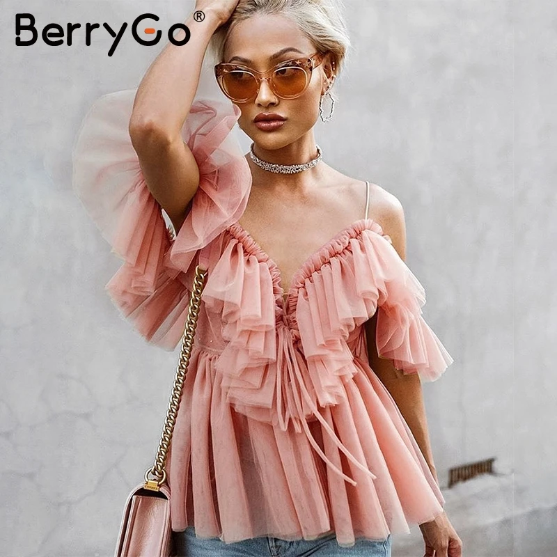 BerryGo Sexy V образным вырезом с открытыми плечами сеточка синяя блузка для женщин
