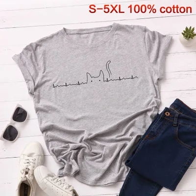light gray SINGRAIN, мультяшная Милая женская футболка, летняя, короткий рукав, хлопок, топы, кошка, животный узор, футболка размера плюс, больше, футболка - Цвет: light gray