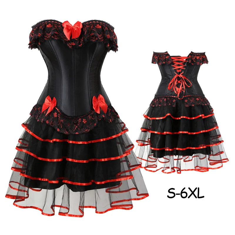 

Women Sexy Bow Party Burlesque Dancer Plus Size Bustier Corset Dress Witch Halloween Corselet Mini skirt Gothic With Skirts