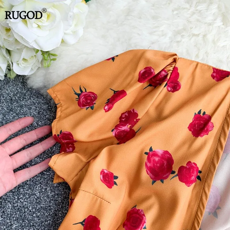 RUGOD Франция с розовым принтом элегантные поясом платье Для женщин Повседневное Лето v-образный вырез короткий рукав платье миди праздничное платье vestidos в богемском стиле