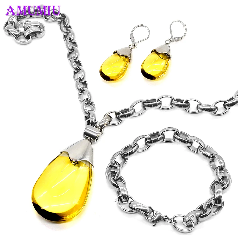 AMUMIU Винтаж Ювелирные наборы для женщин желтый Подвески Опал воды Висячие серьги