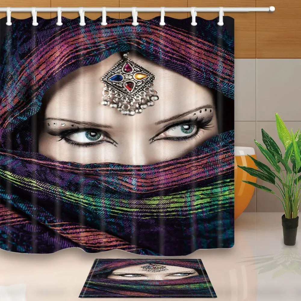 Beauty Decor India Masked Girl with Big Eyes Waterproof Polyester Fabric Shower Curtain Set With Floor Doormat Bath Rugs | Дом и сад
