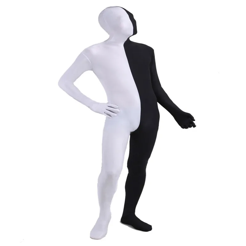 Полноразмерный белый и черный спилок лайкра спандекс монолитный костюм Zentai для