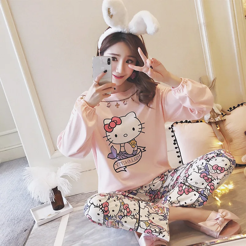 Hello kitty Пижамный комплект для женщин милая Домашняя одежда костюм пуловер с