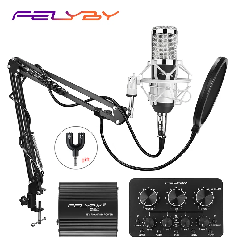 HOT! FELYBY BM 800 Professional Recording Condenser Microphone Set for Computer with Phantom Power and Multi-function Sound Card |