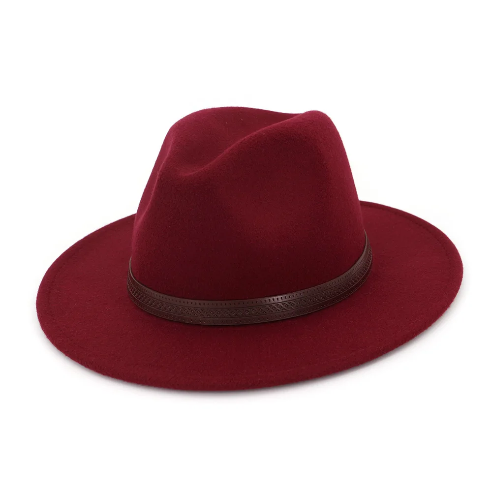 QIUBOSS Панама Джаз Fedora кепка для женщин и мужчин Шерсть фетр остроконечные широкие полями Дерби шляпа кофе кожа Украшение Gambler Chapeau QB42