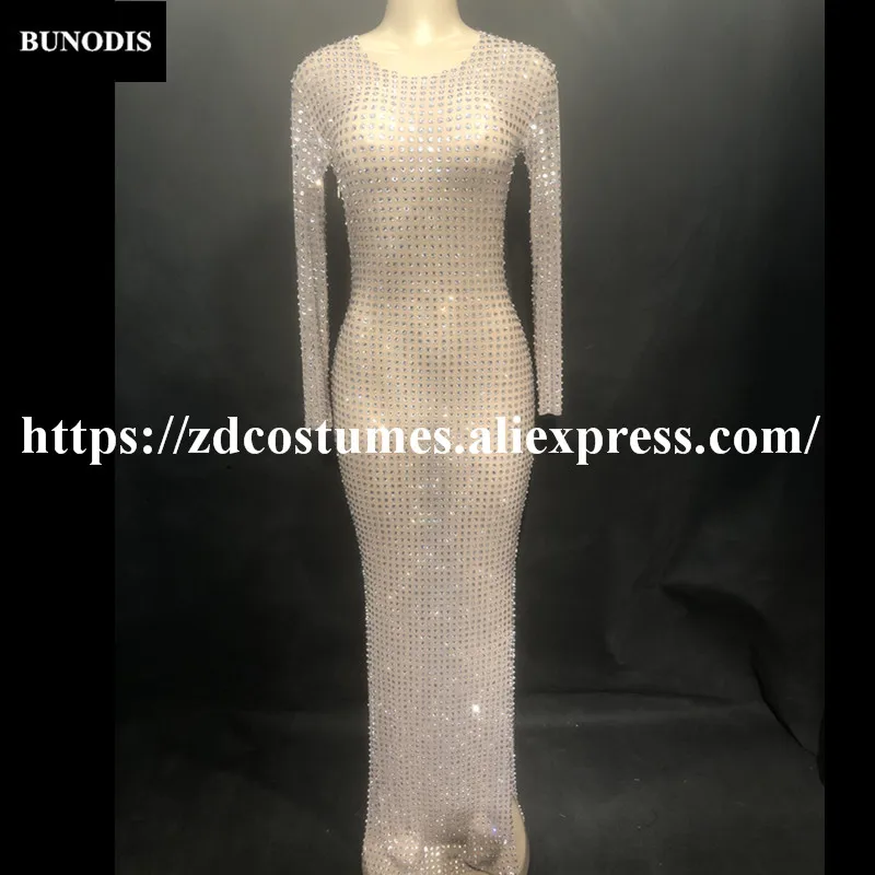 ZD269 Women Sexy Long Skirt Net Yarn Full Of 2000PCS Glass Sparkling Crystals Nightclub Birthday Party Singer Stage Wear Bling