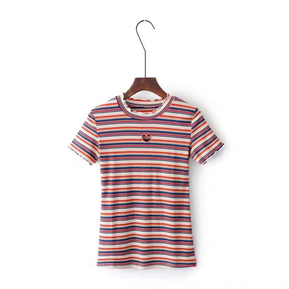 Женская Полосатая футболка в стиле ретро с коротким рукавом и сердечком|striped tee|tees