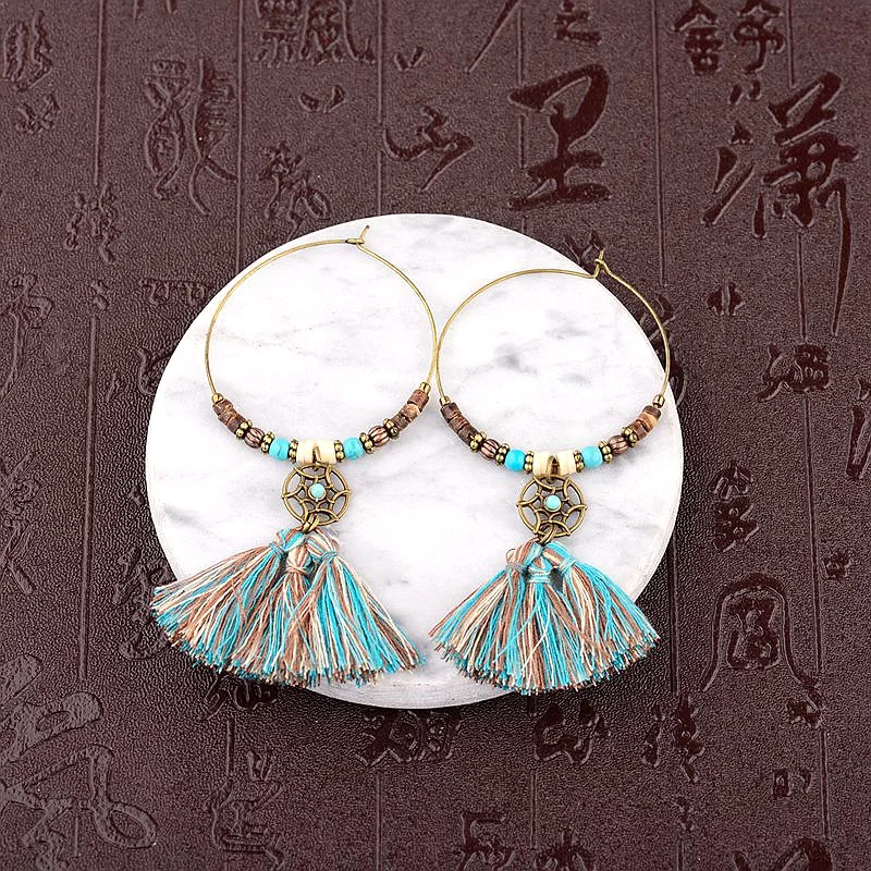 Женские винтажные серьги с бусинами Jhumkas Gypsy Green HQE915 этнические большие круглые в