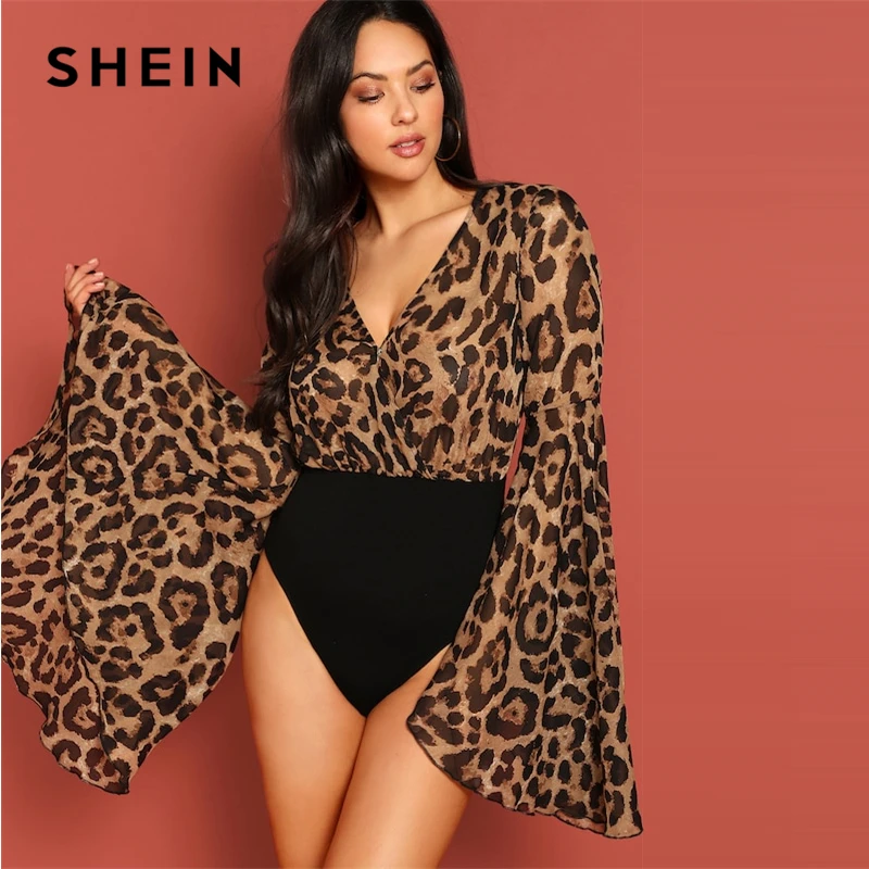 SHEIN Леопардовое Боди С Оригинальным Рукавом И V-образным Вырезом