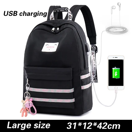 WINNER, водонепроницаемый женский рюкзак с usb зарядкой, Mochila для женщин, школьная сумка, рюкзак для ноутбука, милый рюкзак с подвеской в виде колокольчика - Цвет: USB Large Size