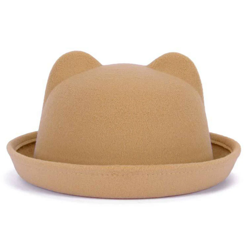 Cat ear camel Модная шляпа-котелок для родителей и детей, шерстяная фетровая шляпа для женщин и девочек, детская однотонная официальная шапка Трилби сомбреро Дерби - Цвет: Cat ear camel