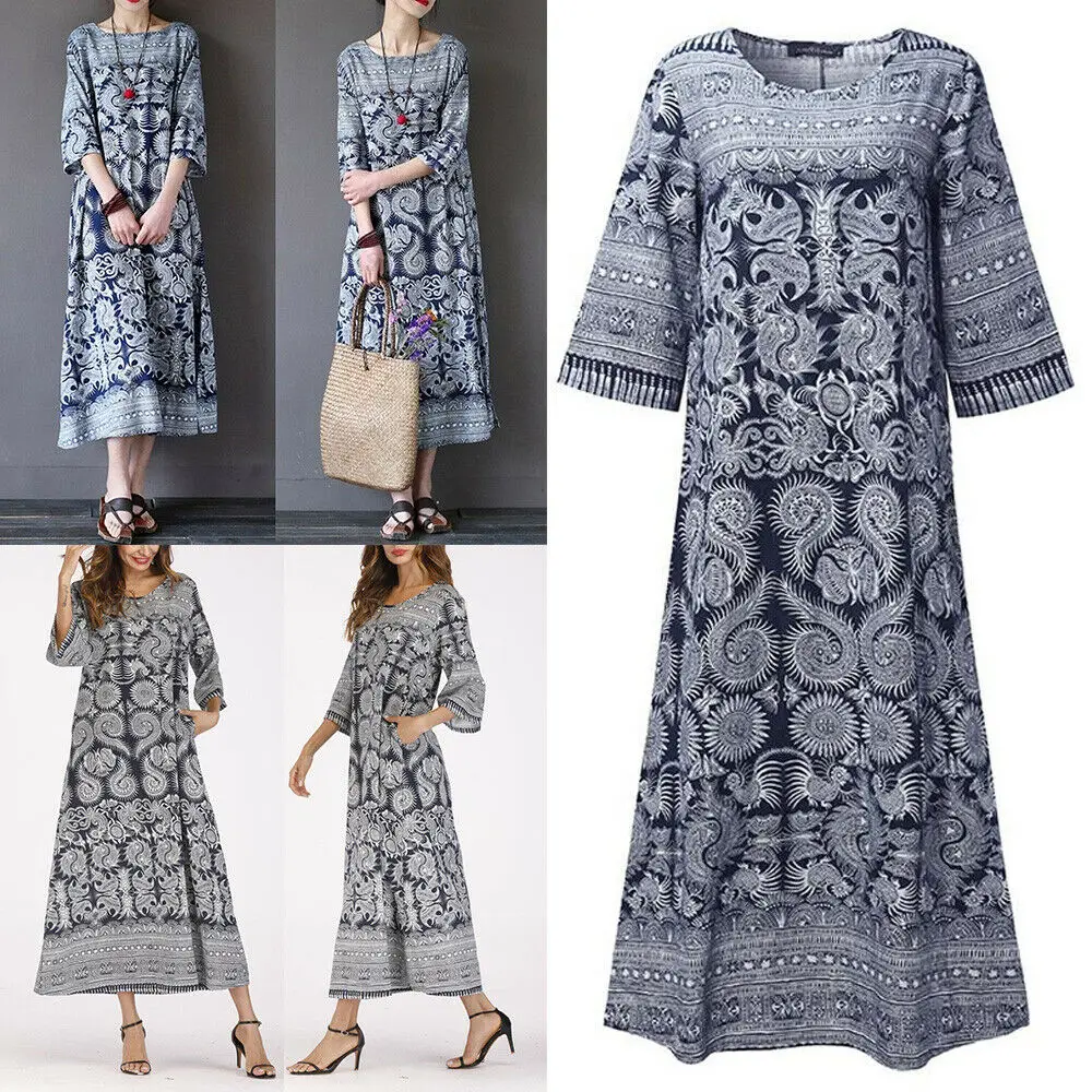 Женское хлопковое платье с цветочным принтом и рукавом 3/4 женское повседневное