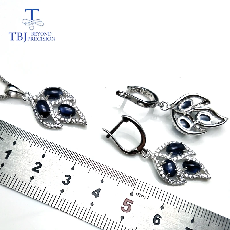 TBJ Tree leaf jewelry set with blue sapphire clasp earring and pendant in S925 silver elegant for women ladies as gift | Украшения и