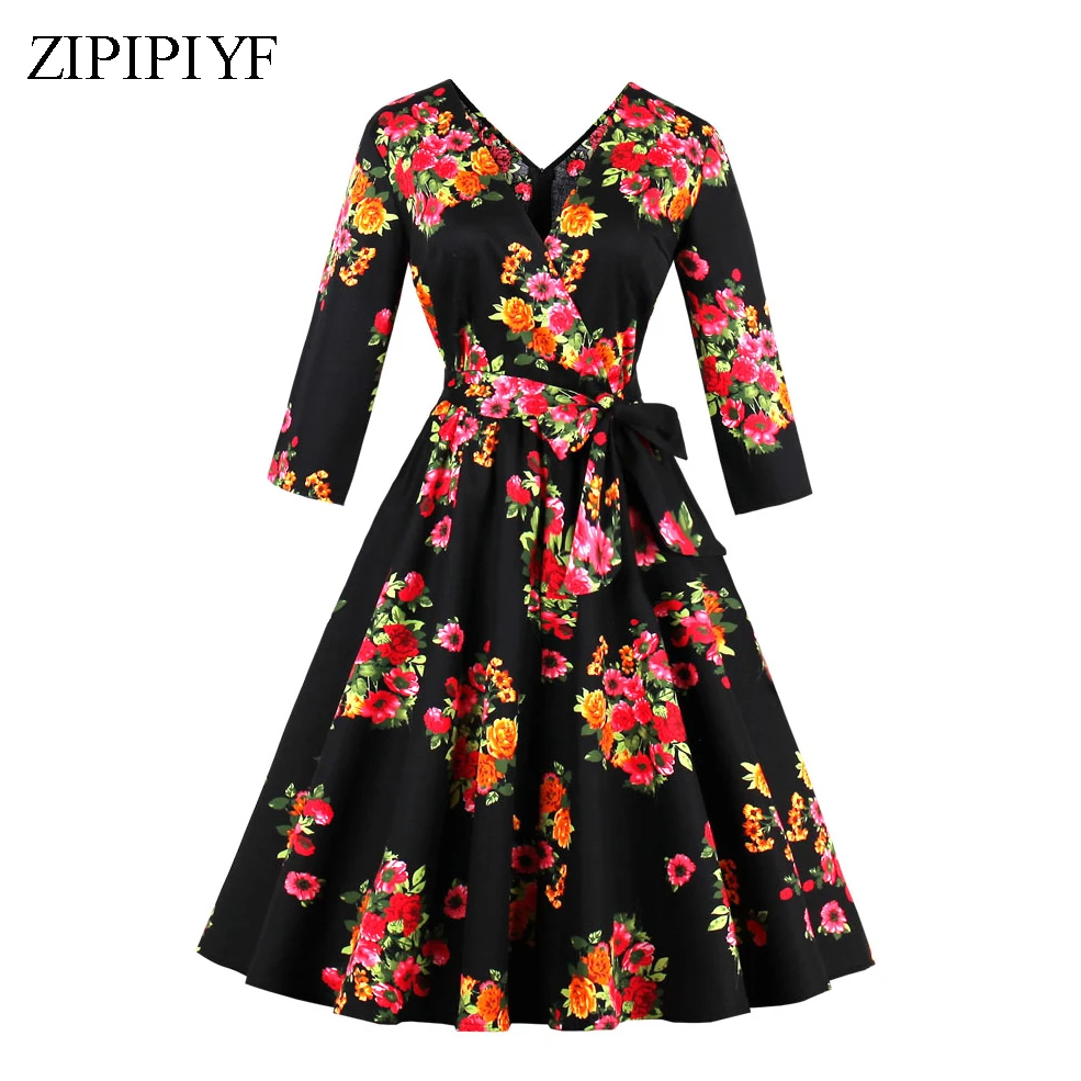 Zipipiyf Для женщин винтажные платье с цветочным рисунком Длинные рукава случайные