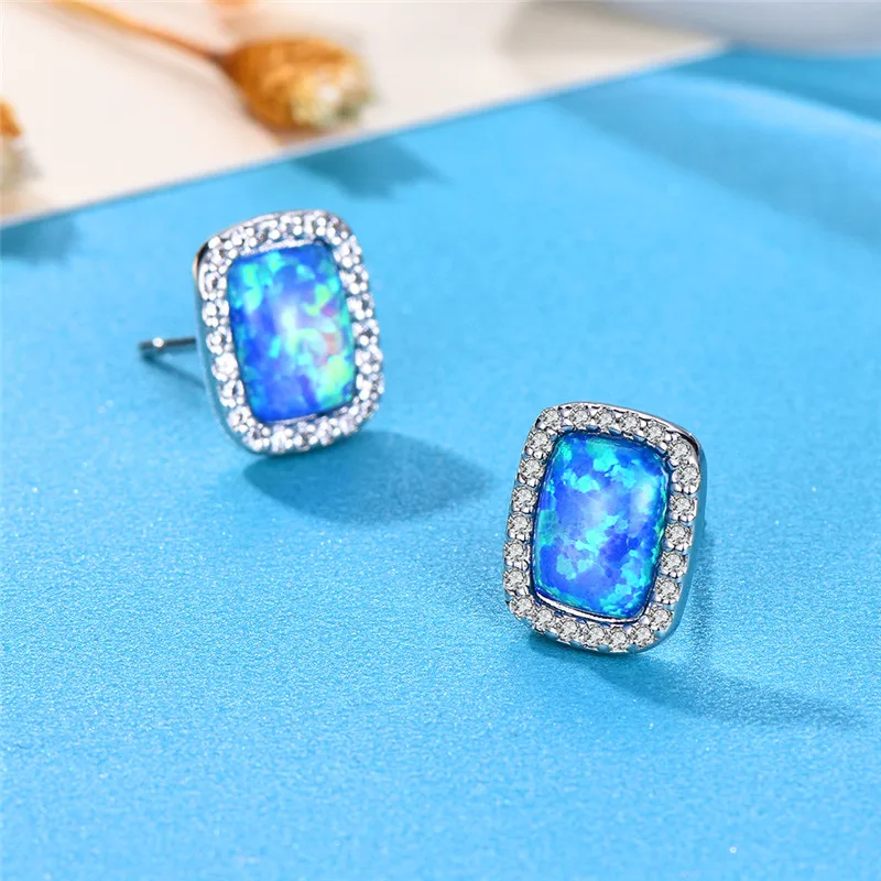Boho женские маленькие шпильки геометрической формы серьги модные серебряные синие белые огненные опаловые серьги винтажные Свадебные Двойные серьги для женщин