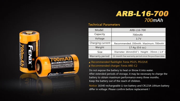 2 шт./лот Бесплатная доставка Fenix ARB-L16-700 3 7 V 16340 700 mAh Аккумулятор для фонарик