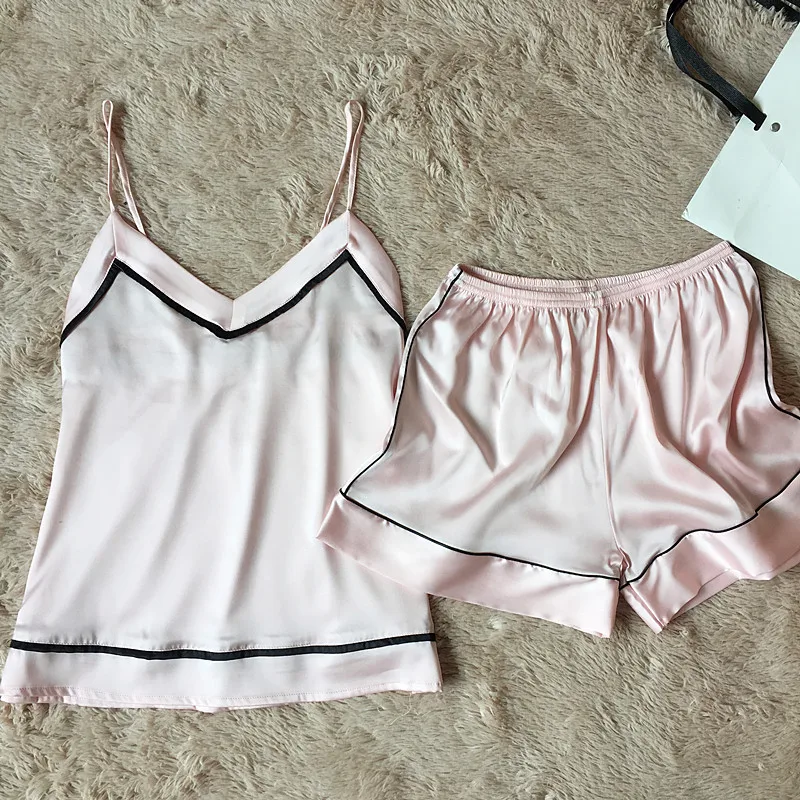 Pink Домашняя одежда, костюм из шелка и атласа, тонкая секция, v-образный вырез, шорты с короткими рукавами, костюм-двойка, Пижама женская летняя - Цвет: Pink