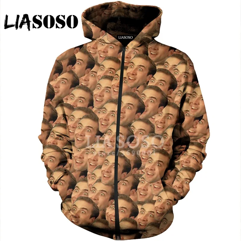 LIASOSO, 3D принт, для женщин и мужчин, пуловер с капюшоном, Николя, клетка, лицо, толстовки, кофты на молнии, куртка, хип-хоп, повседневные топы, X1392