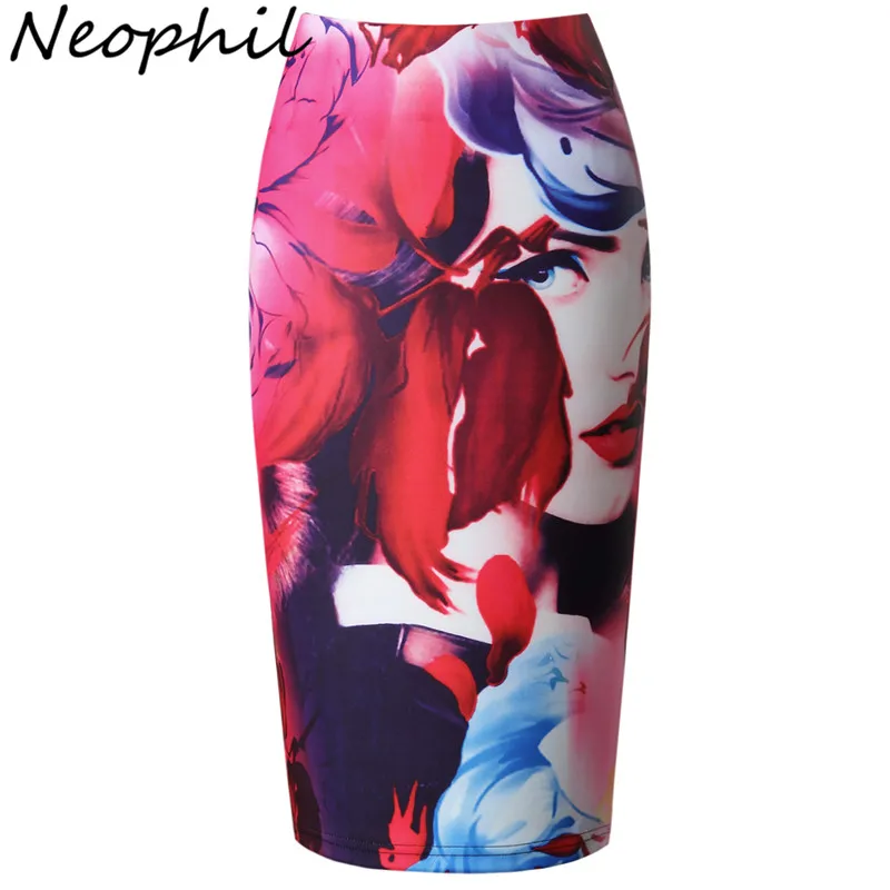 Женская юбка карандаш средней длины с высокой талией и цветочным принтом|midi