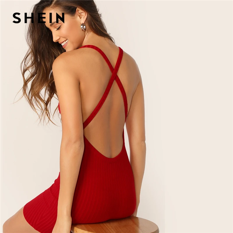 SHEIN Облегающее Трикотажное Платье С Открытой Спинкой Сексуальные Летние Женские Платья Без Рукавов