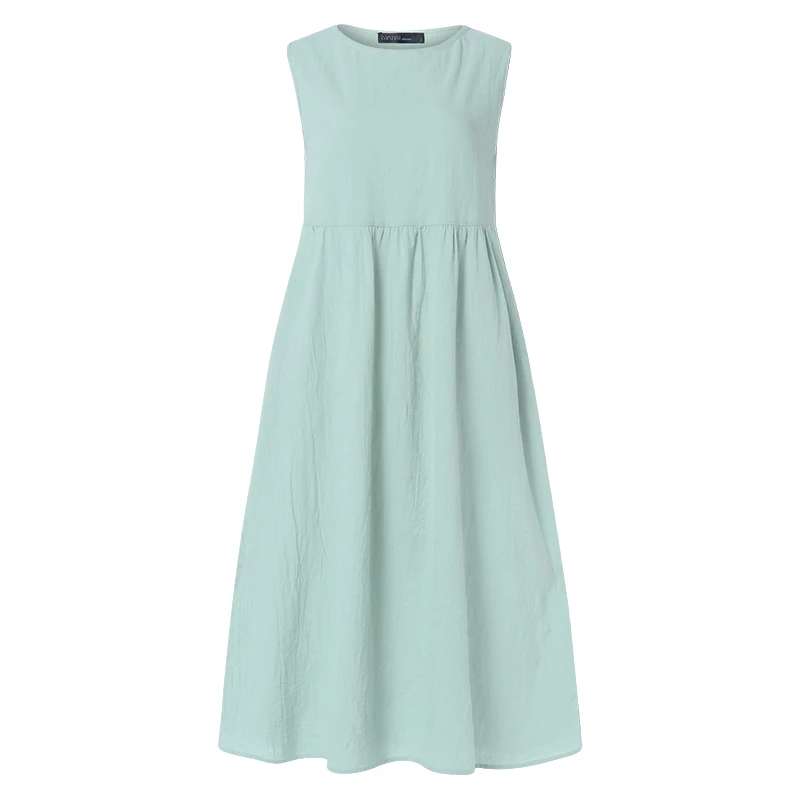 Light Green ZANZEA, женский сарафан, летний, без рукавов, хлопок, лен, миди, платье, повседневное, жилет, платья, элегантные, одноцветные, для работы, OL, Vestido, сарафаны, Халат - Цвет: Light Green