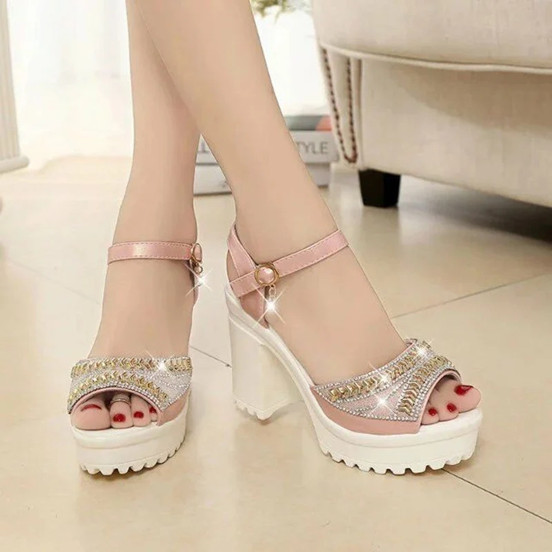 2019 летние Стразы Рыбацкая обувь с открытым носком толстая подошва на высоком