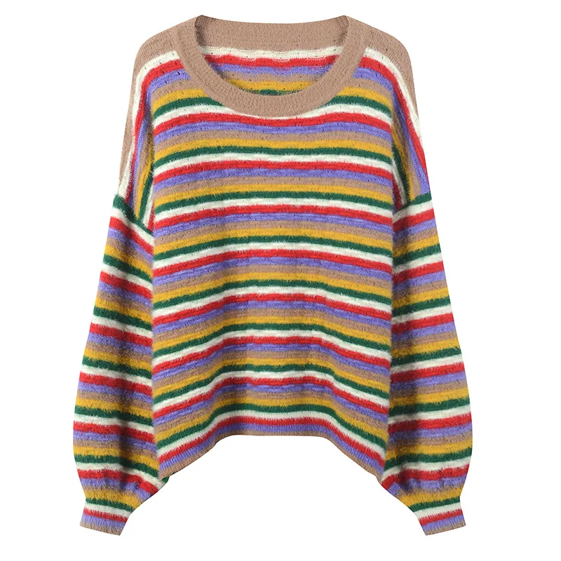 GRUIICEEN 2018 осень фонарь рукав вязаный свитер женщина полосатый Круглый воротник