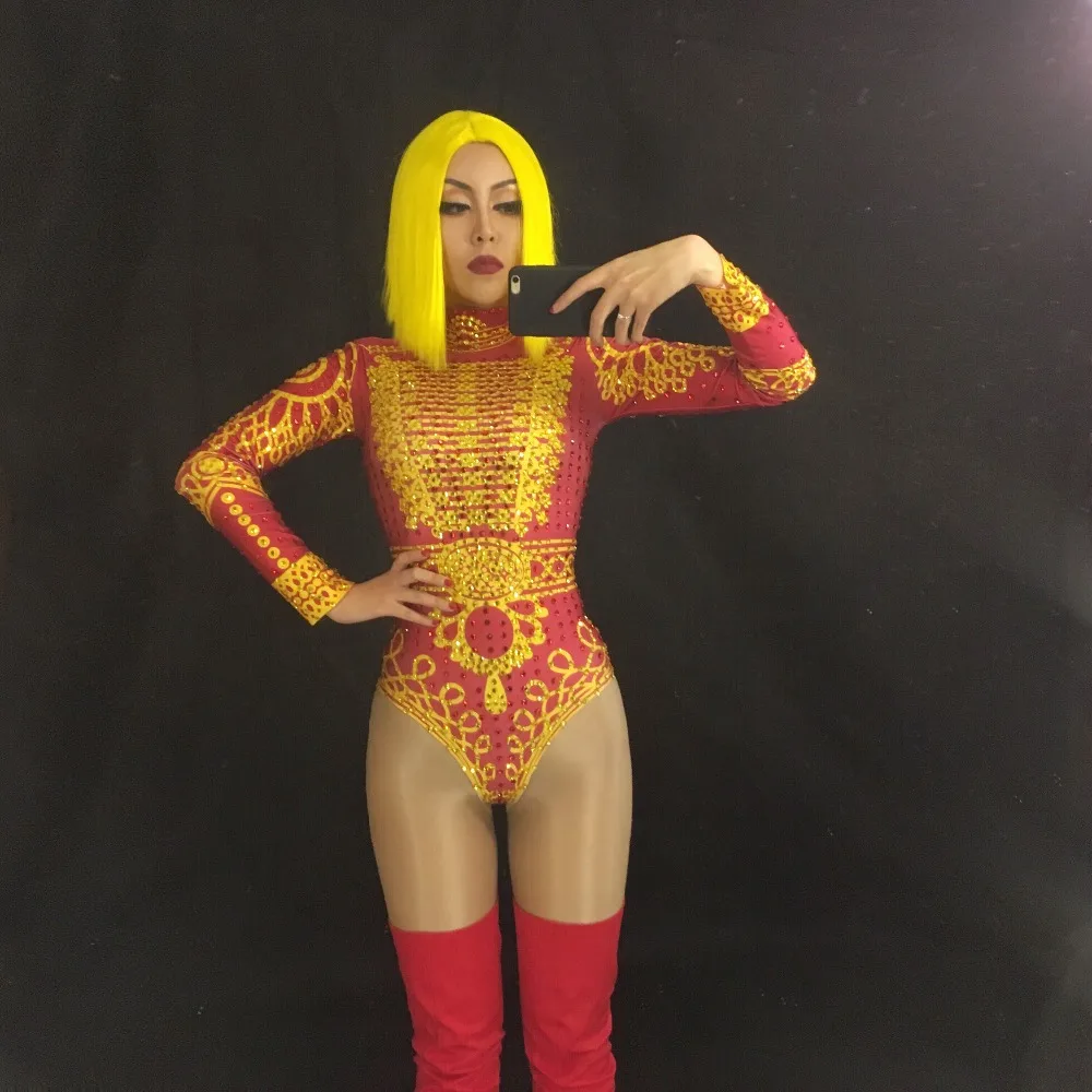 New Gold & Red Women Sexy Bodysuit Sparkling Crystals Jumpsuit Celebrate Nightclub Party Singer Dancer Performance Stage Wear