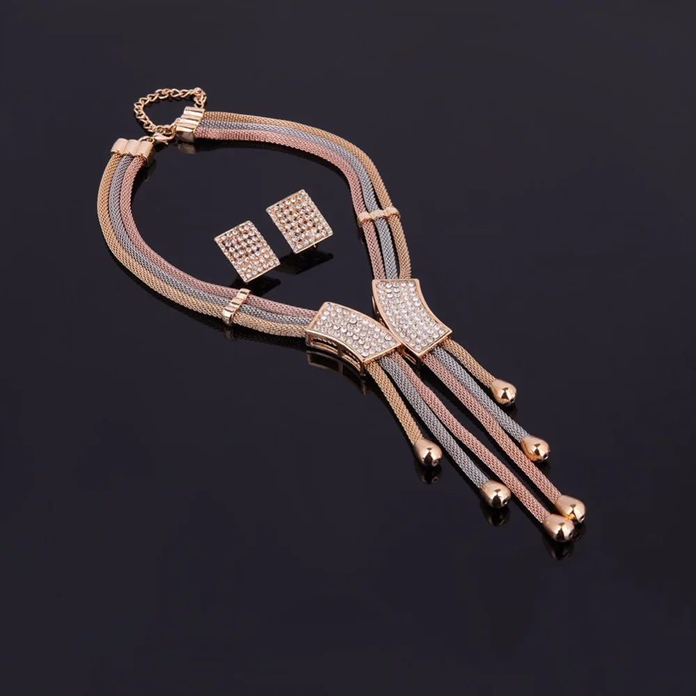 Дубай Цепочки и ожерелья Ювелирные наборы для Для женщин Tassel Pendant Кристаллические Серьги Браслет Кольцо из Белого Золота Цвет бижутерия для свадьбы, вечеринки, аксессуары