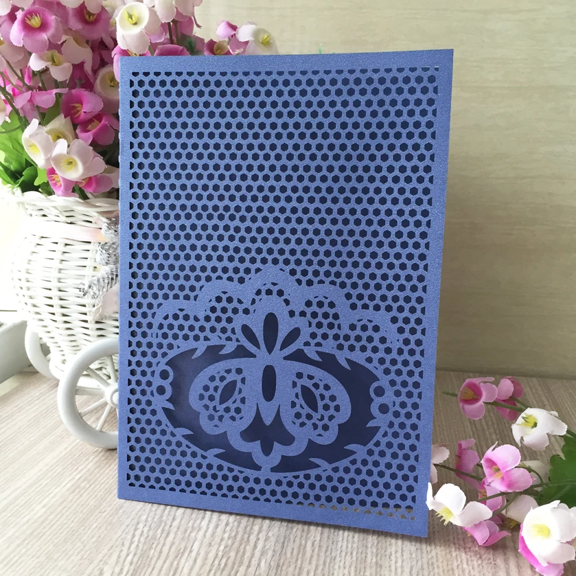 

30pcs Happy Birthday Greeting Blessing Wedding Invitations Cover Card With Flower Pattern Laser Cutting Pearl Shimmer paper