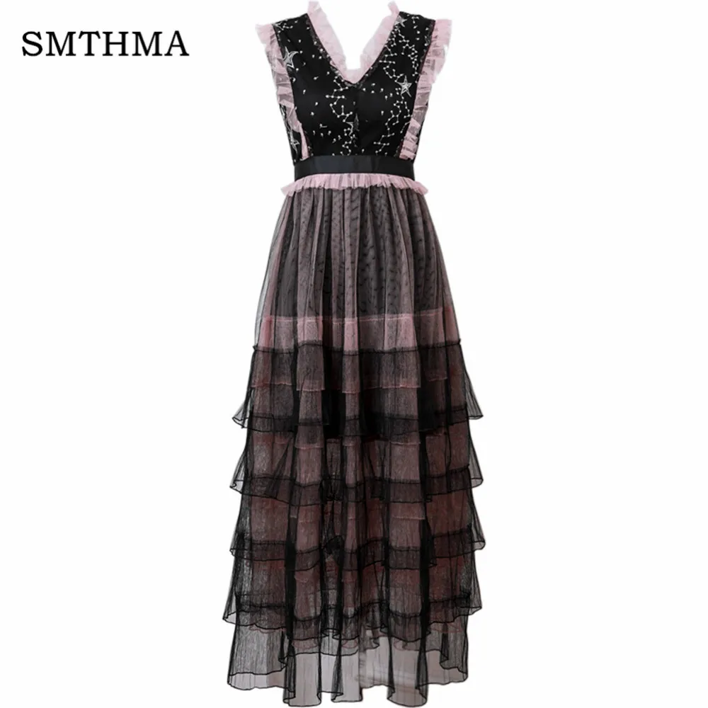 Photo Color SMTHMA модное подиумное летнее платье, женские повседневные платья без рукавов, винтажное длинное Сетчатое платье с вышивкой пятиконечной звезды - Цвет: Photo Color