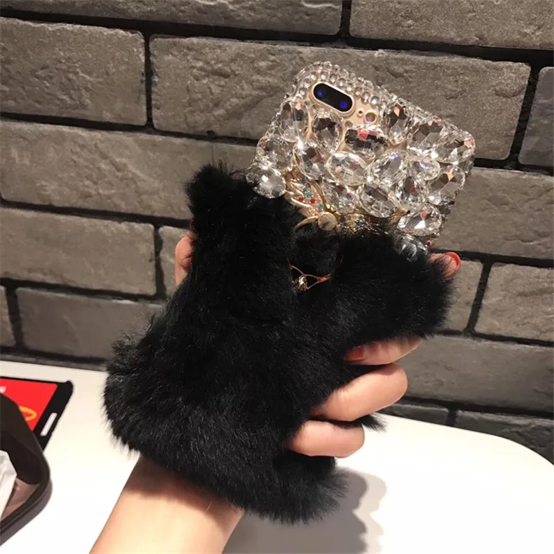 LaMaDiaa роскошный Теплый мягкий меховой чехол для телефона для iPhone 11 Pro Max XR 6 6s Bling Diamond чехол-держатель с кольцом для iPhone 6 6s 7 8 Plus - Цвет: black fur