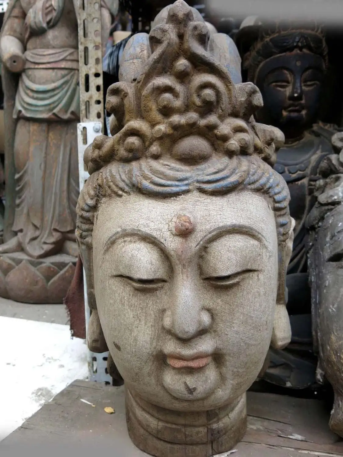 26 &quotКитай старого дерева ручной работы резные буддизм Кван-инь глава скульптура