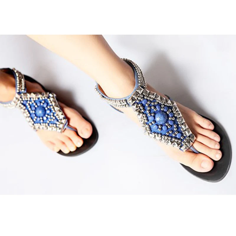 Модные женские богемные плоские сандалии леди Цвет Камня Бисером Мода
