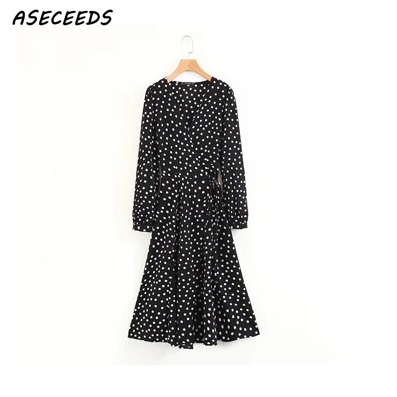 Летнее шифоновое платье в белый горошек для женщин Ретро стиль v образный вырез