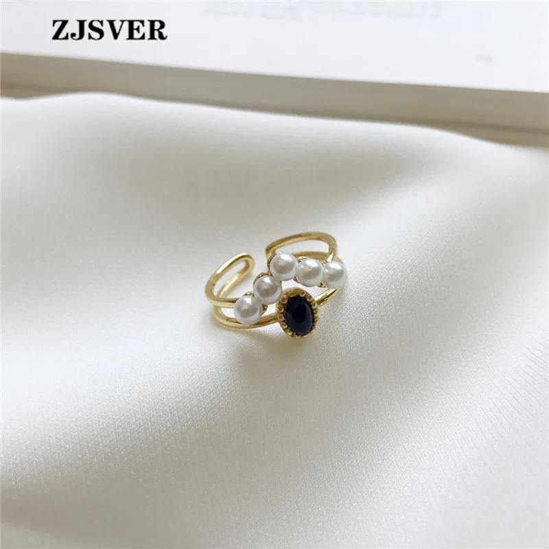 ZJSVER Korean Jewelry 925 Sterling Silver Rings Golden Retro Double Layer Pearl Crystal Women Ring Attend Banquet Or Party | Украшения и