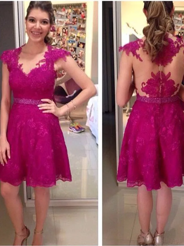 

Fuchsia Lace Homecoming Dresses Cap Sleeve Short Tulle Beaded Graduation Dresses Sexy Backless Mini Length Mezuniyet Elbiseleri