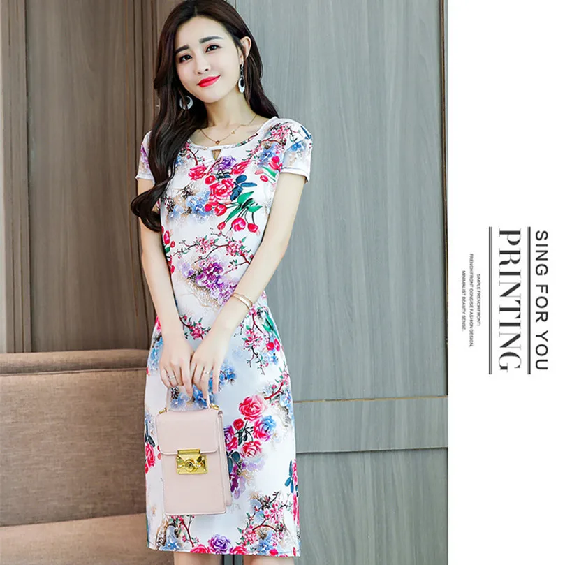 

XL-5XL Women Clothes Print Dresses Tunic Long Casual O-neck Cotton Dress Short Sleeves Mid-calf Plus Size Loose Vestidos