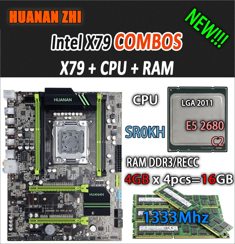 Huanan Zhi V2.49 X79 материнская плата LGA2011 блок питания ATX комбо E5 2680 C2 SR0KH 4x4G 16 Гб 1333 МГц USB3.0 SATA3 PCI-E NVME M.2 SSD