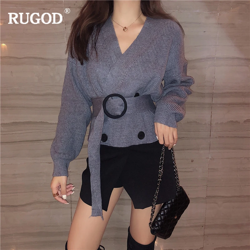 Женский кардиган с v-образным вырезом RUGOD однотонный Повседневный вязаный свитер