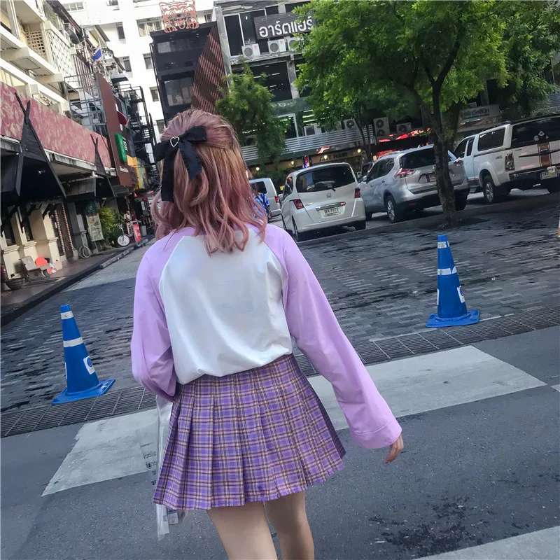 Женская юбка трапециевидной формы с высокой талией, Harajuku, модная фиолетовая Студенческая плиссированная юбка, шикарная клетчатая кожаная юбка с пряжкой, Милая Мини-юбка для девочек