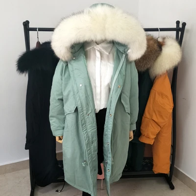 light green beige Белые парки на утином пуху, mujer, размера плюс, свободный женский пуховик с капюшоном, большой меховой воротник, стеганое зимнее пальто для женщин, B552 - Цвет: light green beige