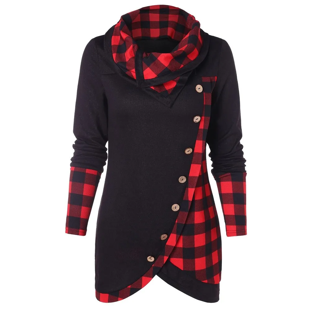 2018 Женская Повседневная клетчатая Водолазка с длинным рукавом туника свитер