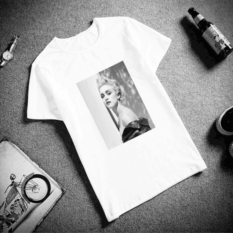Модная футболка с короткими рукавами изображением Мадонны черно-белая летняя